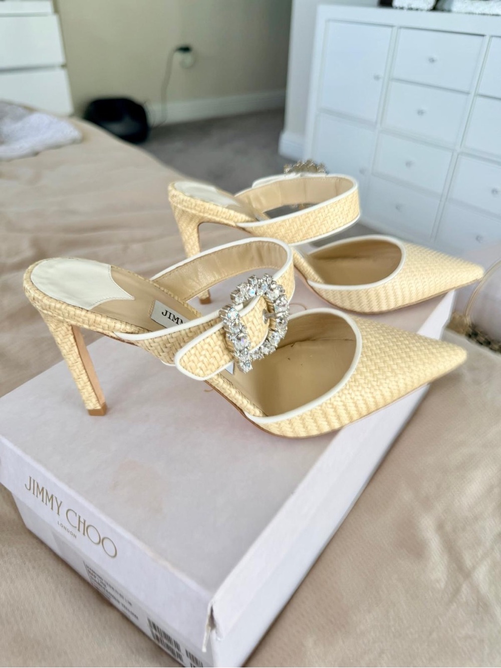 Jimmy Choo Cream Raffia Pointed-Toe Heels with Crystal Buckle